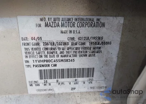 2005 Mazda Mazda6 I Base z USA, uszkodzony, nr VIN 1YVHP80C455M58345